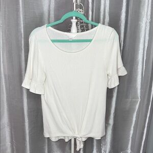 Lauren Conrad bone ivory ribbed knit blouse with ruffle sleeves and a front tie